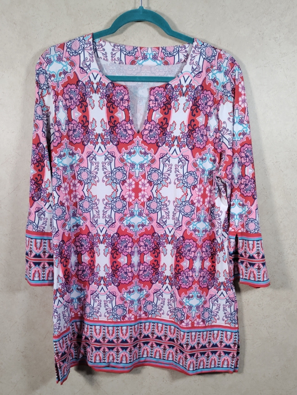 H159 Coolibar Pink Floral UPF50 Cotton Blend Tunic Top L NEW